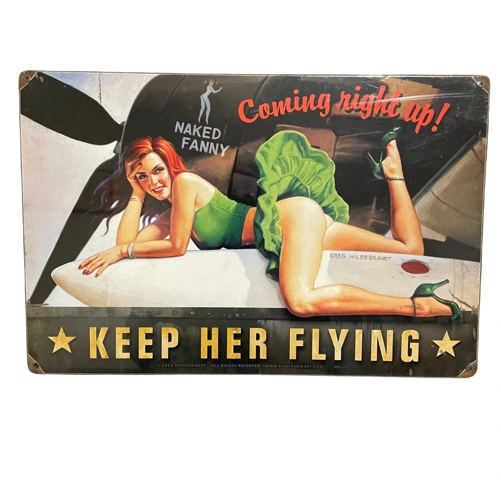 NEW Keep Her Flying‎ Metal Sign   Greg Hildebrandt Pin Up Girl Aviation 18 x 12